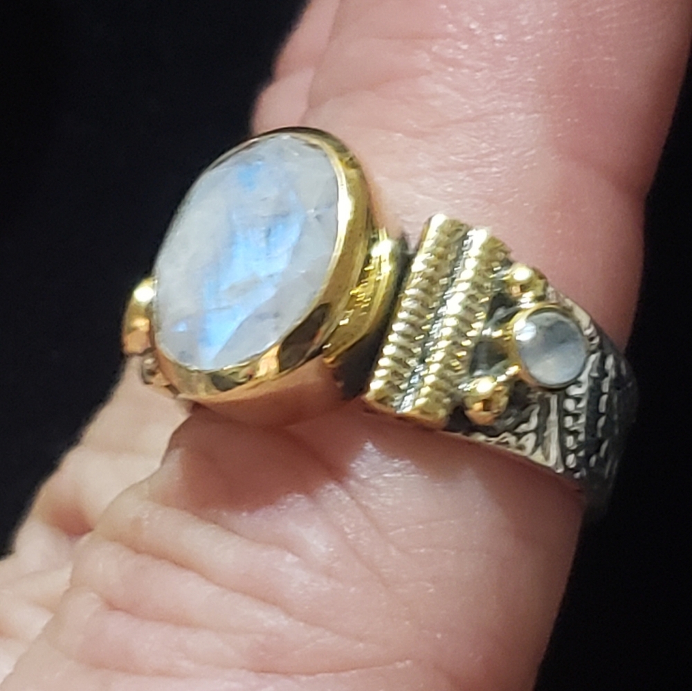 Rainbow Moonstone Ring ~ 925 Sterling Silver w/ Brass Accents - Picture 6 of 16
